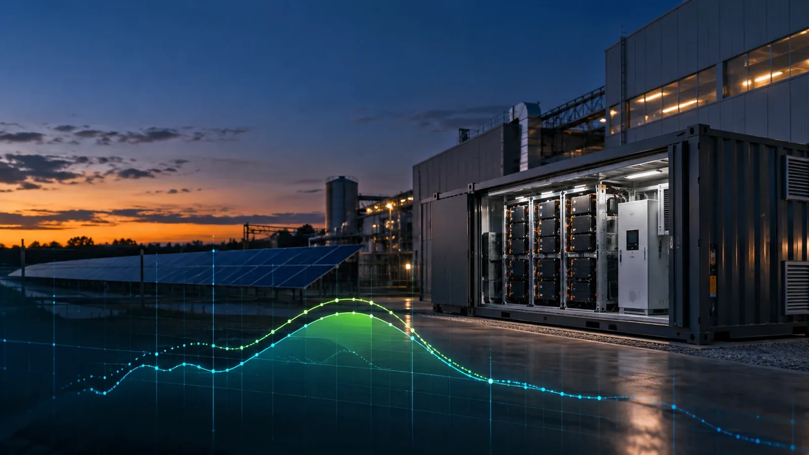 Contêiner de baterias de um sistema BESS industrial aberto ao lado de uma fábrica ao entardecer, com usina solar ao fundo e um gráfico de potência sobreposto em primeiro plano