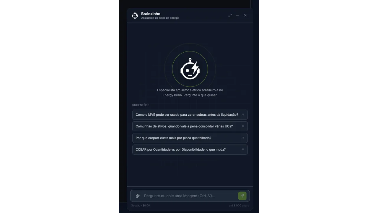 Assistente de IA Brainzinho respondendo sobre energia no Energy BRAIN