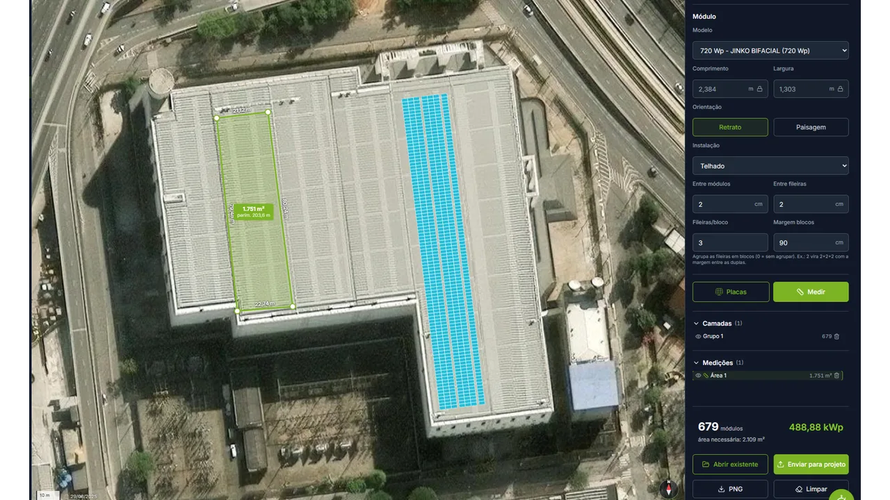 Layout solar sobre imagem de satelite com validacao de area no Energy BRAIN
