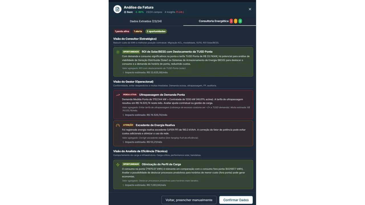 Leitura de fatura de energia por IA no Energy BRAIN com extracao de dados e insights